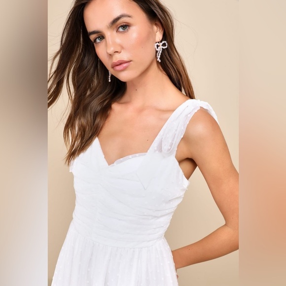 NWOT Lulus Luxe and Lovestruck White Tulle Heart Dot Tie-Strap‎ Midi Dress - Picture 3 of 9